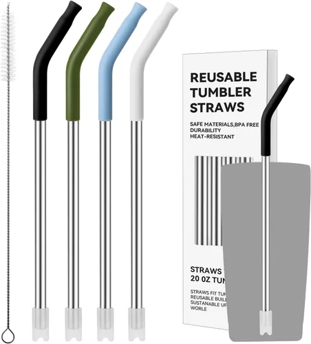 Vista 14 de 4 popotes de acero inoxidable reutilizables para vaso Yeti de 20 onzas, pajitas de metal con puntas de silicona para vaso Stanley de 20 onzas y vaso