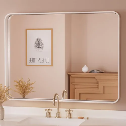 Vista 70 de TETOTE Espejo de marco dorado cepillado de 16 x 24 pulgadas, espejo de tocador de baño de latón dorado para pared, espejo enmarcado rectangular