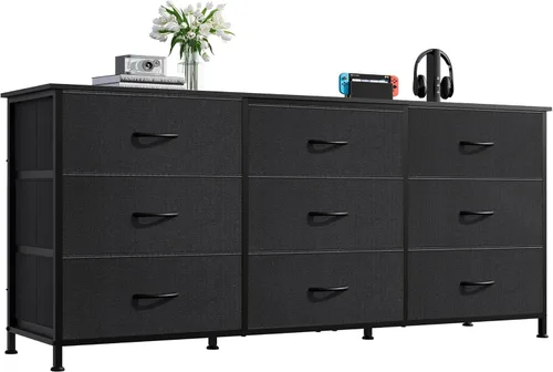 Vista 10 de WLIVE Cómoda de 47'' de ancho para dormitorio, Cómoda negra soporte de TV para TV de 45, 50, 55 pulgadas, Cómoda ancha con 9 cajones, Centro