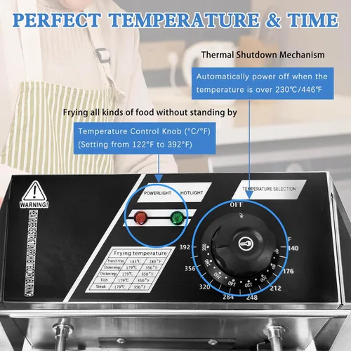 Vista 4 de Freidora comercial de 11.4 cuartos de galón con canasta, freidora eléctrica de gran capacidad, freidora de aceite de encimera de acero inoxidable