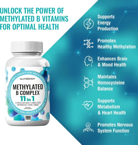Vista 3 de NutraPep Vitaminas del complejo B metilado – Complejo multivitamínico completo de metilo B con bioactivo B9 5-MTHF B6 B12 – Suplemento de apoyo