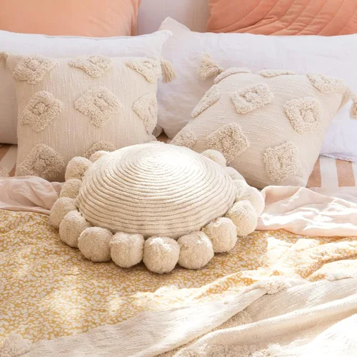 Vista 6 de Banilla Funda de Almohada Redonda Bohemia de 16 Pulgadas Almohada Decorativa 100% Algodón Tufteada a Mano con Pompones Texturizados Gruesos