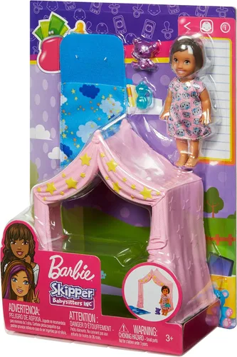 Vista 6 de Barbie Skipper Babysitters Inc. - Juego para dormir con muñeca pequeña, tienda de campaña y saco de dormir