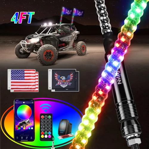 Vista 11 de Nilight Luz de látigo RGB 1 unidad de 2 pies de antena iluminada látigos con control remoto y aplicación, patrones de persecución de bricolaje