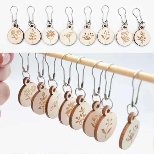 Vista 5 de Marcadores de puntada con caja de almacenamiento de madera para tejer y tejer a ganchillo, patrón de flores, agujas, clips de aguja, herramientas