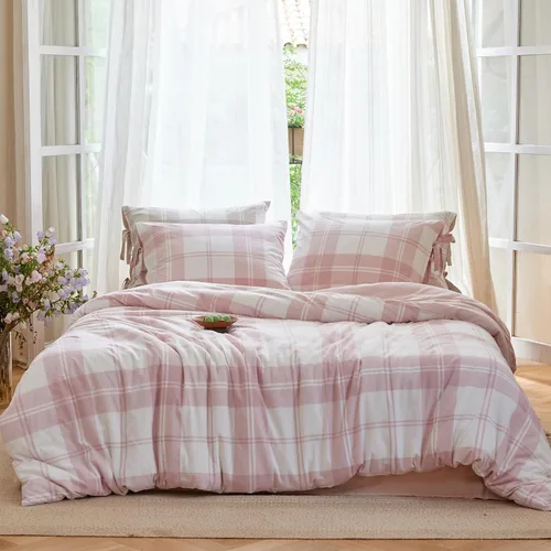 Vista 26 de BISELINA Juego de funda de edredón 100% algodón lavado con textura similar al lino teñido a rayas horizontales reversible, transpirable, suave