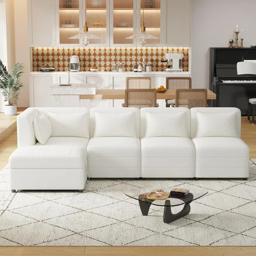 Vista 57 de Sofá modular en forma de L de 100.7 pulgadas con otomana extraíble, modernos sofás de 3 plazas con dos reposabrazos y patas de metal, cómoda tela