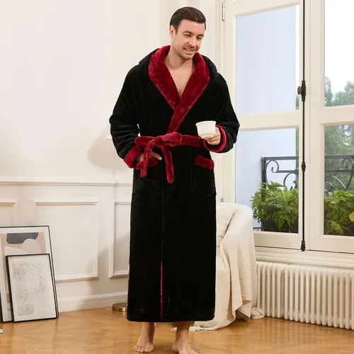 Vista 3 de U2SKIIN Bata de baño para hombre con capucha, bata de felpa gruesa de longitud completa, grande y alta Negro