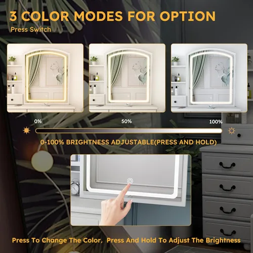 Vista 13 de Escritorio de tocador de maquillaje con espejo iluminado y toma de corriente, tocador con gran espacio de almacenamiento y taburete acolchado