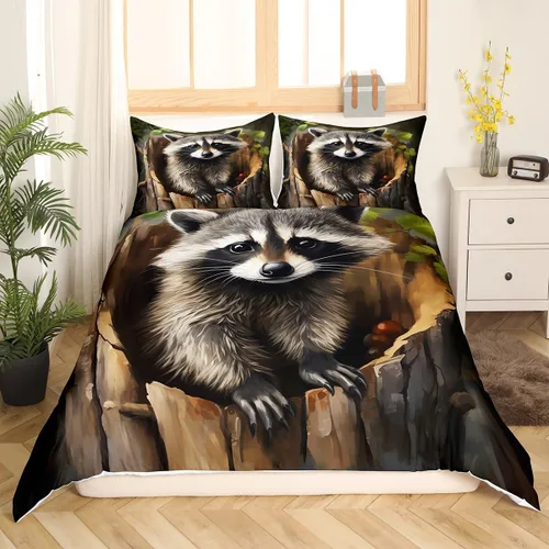Vista 2 de Feelyou Juego de ropa de cama con diseño de mapache con diseño de mapache para niños y niñas, con temática de animales en 3D, funda de edredón