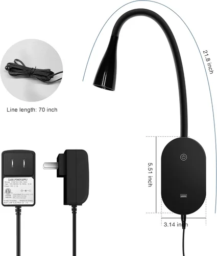 Vista 5 de Luz de lectura de pared luz de libro para leer en la cama control táctil salida USB lámpara de lectura moderna 5 luces LED regulables con cuello