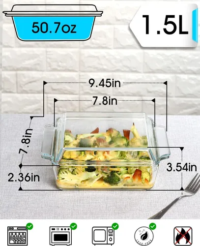 Vista 3 de NUTRIUPS Cacerola Rectangular de Vidrio con Tapa - Utensilios de Horno Aptos para Microondas de Vidrio (1.5L+2L)