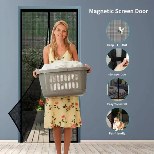 Vista 2 de Puerta mosquitera magnética – Imanes autosellantes, cierre de red de malla reforzada de fibra de vidrio resistente para puerta corredera, patio