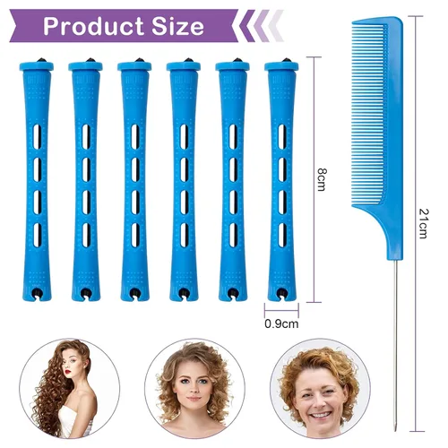 Vista 2 de Coolrunner Juego de varillas de permanente, 60 varillas de plástico azul con peine de acero para rizar el cabello, herramientas de peinado