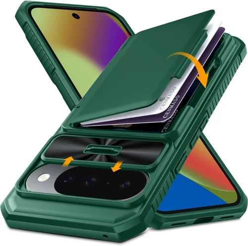 Vista 22 de CENMASO - Funda para Google Pixel 9 Pro XL con tarjetero (4 tarjetas), funda deslizante para cámara y función atril, bloqueo RFID, protección