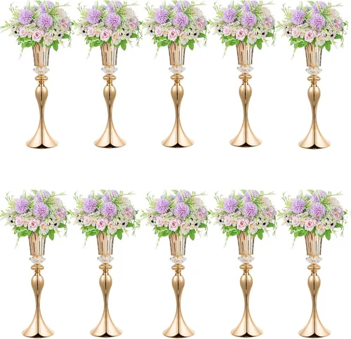 Vista 7 de Juego de 10 piezas de centro de mesa de flores, jarrones de trompeta dorados con cuentas de cristal para centros de mesa de boda, fiesta
