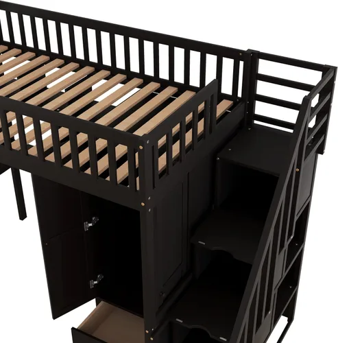 Vista 7 de VilroCaz Cama loft multifuncional de tamaño individual con armario y escritorio integrados, marco de cama loft de madera maciza con escalera