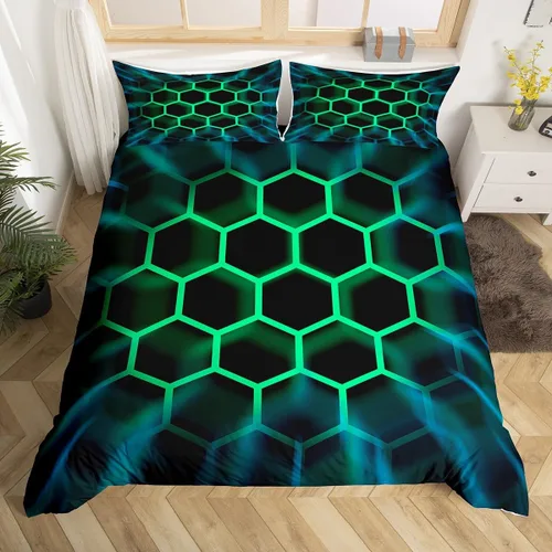 Vista 8 de Juego de ropa de cama de panal de abeja, funda de edredón geométrica 3D de colmena hexagonal de colmena tamaño Queen para niños y hombres, funda