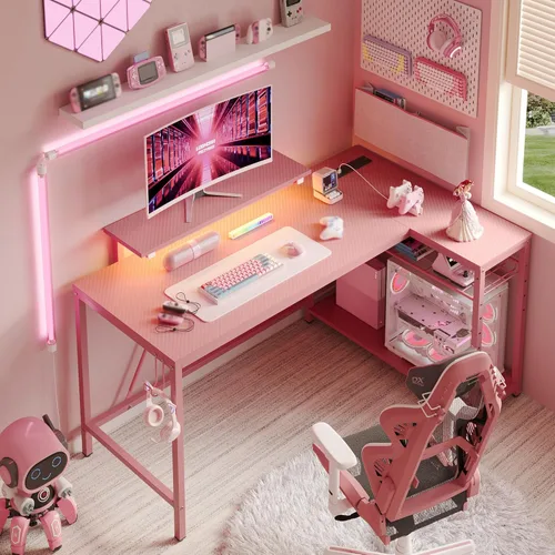 Vista 7 de Bestier Escritorio para juegos de 52 pulgadas con toma de corriente integrada y puertos USB, escritorio para computadora en forma de L con tira LED