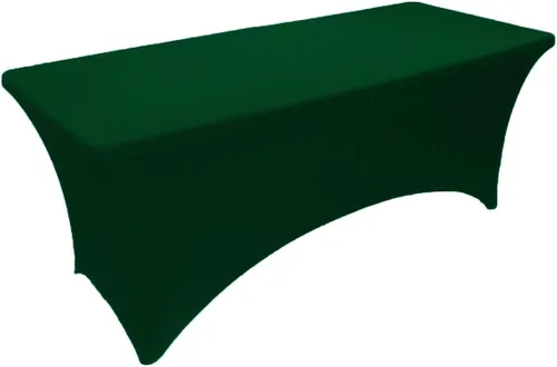 Vista 2 de Paquete de 2 manteles de elastano elásticos de elastano verde cazador de 4 pies para mesas rectangulares, eventos, bodas, banquetes y fiestas