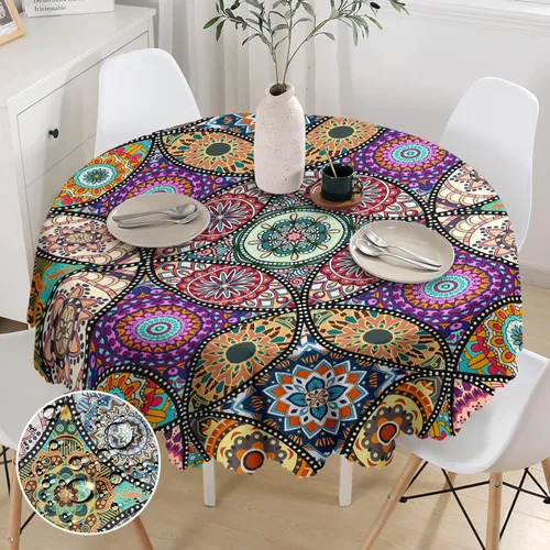 Mantel redondo de 60 pulgadas, mantel circular bohemio, resistente a las manchas, repelente al agua y sin arrugas, decoración de mesa para el hogar,