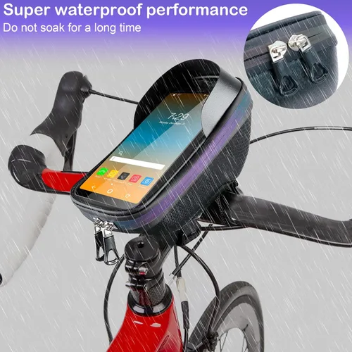 Vista 3 de Soporte para teléfono de bicicleta, bolsa para manillar del marco delantero de bicicleta, carcasa rígida de EVA impermeable, accesorio