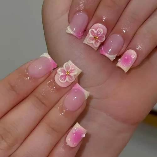 Vista 25 de Uñas postizas cortas cuadradas MABKJLF, uñas francesas falsas con gradiente, uñas de cobertura completa, flores blancas, uñas falsas con diseños