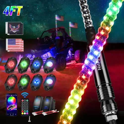 Vista 12 de Nilight Luz de látigo RGB 1 unidad de 2 pies de antena iluminada látigos con control remoto y aplicación, patrones de persecución de bricolaje