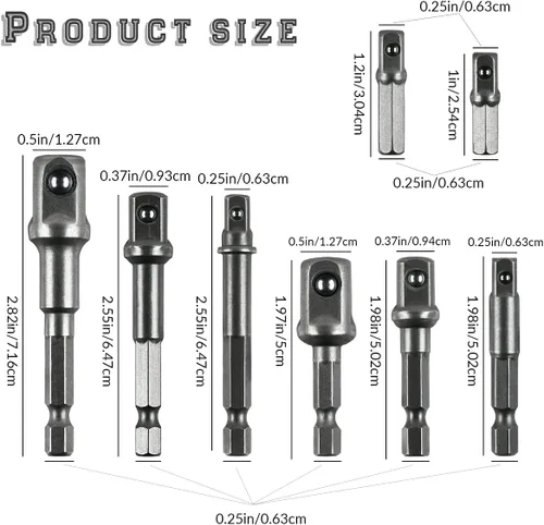Vista 4 de Juego de 8 adaptadores de broca de grado de impacto, juego de adaptadores de enchufe de vástago hexagonal, tuercas de taladro, tamaños de 1/4