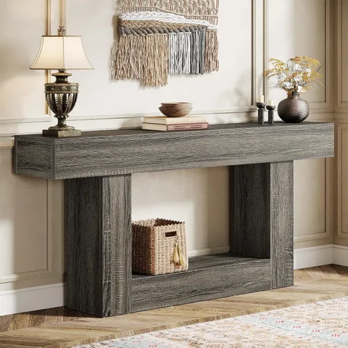 Vista 13 de Tribesigns Mesa consola de 63 pulgadas, mesa de entrada de 2 niveles con base en forma de U, mesa de sofá estrecha y larga de madera detrás del sofá