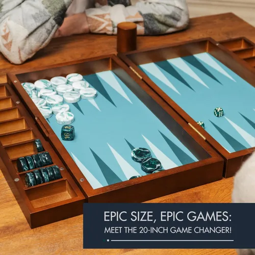Vista 3 de Pointworks Juego de Backgammon de 20 Pulgadas Grande para Adultos, Tablero de Backgammon Verde, Madera Sólida. Bandeja de Accesorios Desmontable