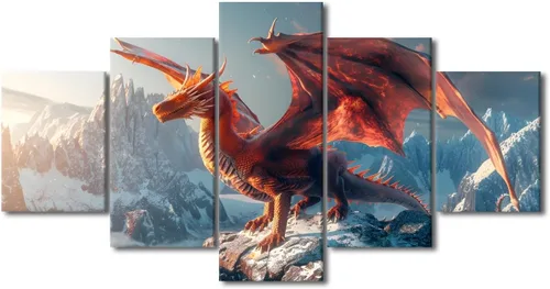 Vista 13 de Lienzo decorativo para pared de sala de estar, lienzo de dragón, 5 paneles, dragón verde, decoración de pared para el hogar, decoración de pared