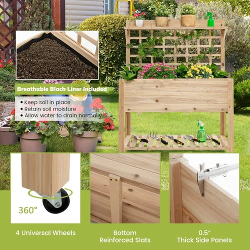 Vista 5 de S AFSTAR Cama de jardín elevada con enrejado, 41.5 x 16 x 54 pulgadas, jardinera elevada móvil con ruedas, forro de cama, estantes de almacenamiento