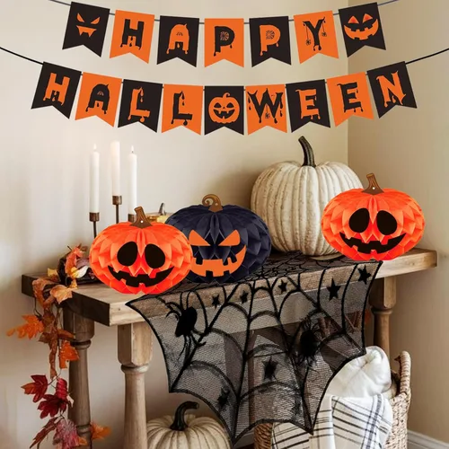 Vista 5 de Kit de decoración de fiesta de Halloween para interiores con bolas de papel de panal y abanicos, bufanda de mantel de chimenea, camino de mesa