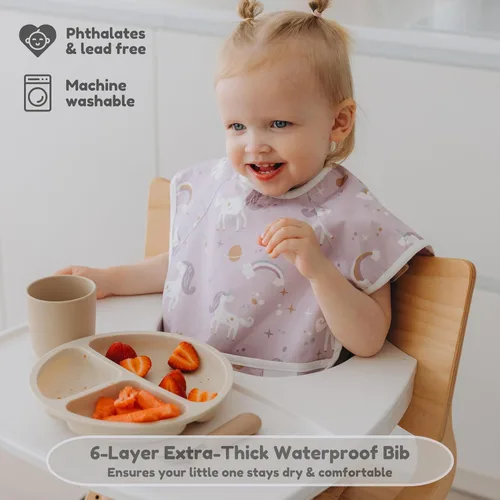 Vista 5 de Babero impermeable de 6 capas para bebé, reversible, ajustable, lavable, resistente al aceite de manchas, 6-36 meses, paquete de 2, babero de comida