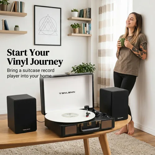 Vista 12 de TANLANIN® Reproductor de discos de vinilo con altavoces integrados, tocadiscos de entrada Bluetooth de 3 velocidades, grabación y reproducción Cuero