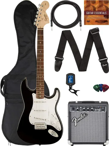 Vista 13 de Fender Squier Affinity Stratocaster HSS - Paquete Charcoal Frost Metallic con amplificador Frontman 10G, cable, funda, correa, púas, lecciones