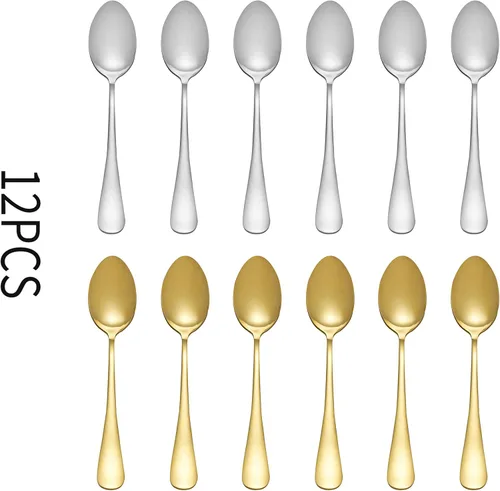Vista 3 de Xingjiake Juego de 12 cucharas doradas y plateadas brillantes, cuchara de postre, cucharas de cubiertos de acero inoxidable, cucharada para sopa
