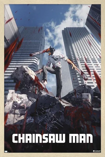 Vista 7 de Chainsaw Man - Póster de pared de arte clave, 22.4 pulgadas de largo x 14.7 pulgadas de ancho, versión enmarcada de madera de granero Versión
