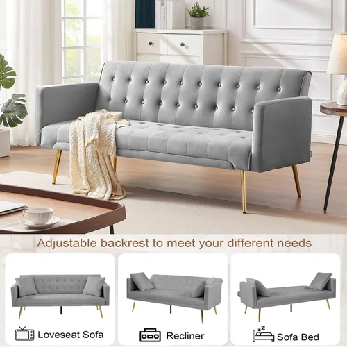 Vista 65 de Sofá cama moderno de terciopelo de 72 pulgadas, sofá cama plegable convertible con 3 respaldos ajustables, sofá biplaza reclinable copetudo