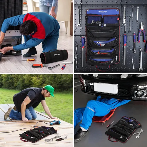 Vista 7 de WORKPRO Bolsa de herramientas enrollable, bolsa de herramientas enrollable con bolsillos desmontables, organizador de herramientas resistente con 6