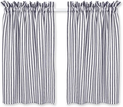 Cortinas de café a rayas azul marino y blanco, 28 pulgadas de ancho x 24 pulgadas de largo, algodón tejido, juego de 2