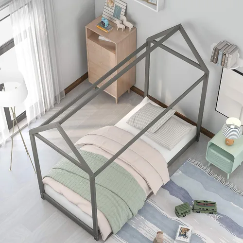 Vista 3 de Cama Houae de tamaño individual, marco de cama de madera con techo, no necesita somier, color blanco