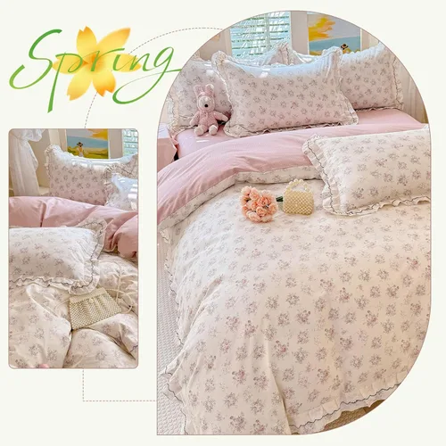 Vista 3 de Shabby Chic - Juego de funda de edredón floral, tamaño individual, 3 piezas, 100% algodón, estética, funda de edredón y 2 fundas de almohada, suave