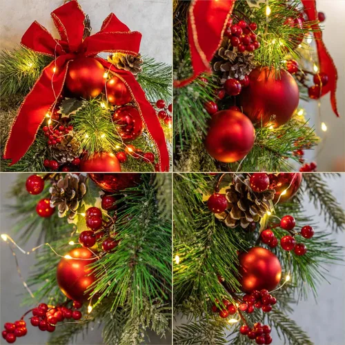 Vista 8 de Guirnalda decorativa en forma de gota preiluminada de 24 pulgadas, guirnalda de Navidad a pilas con luces de hadas, lazo rojo y bolas, conos