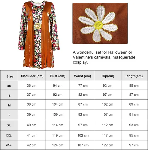 Vista 3 de Conjunto de disfraz hippie de los años 70 y 60, accesorios para fiesta de carnaval, Halloween, vestido de discoteca para niñas