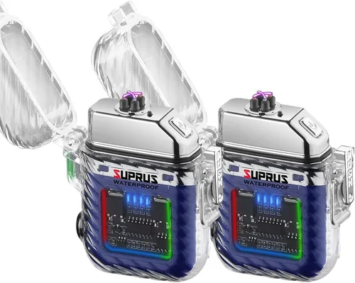 Vista 9 de SUPRUS Luminoso 3 modos de linterna resistente al viento, impermeable, encendedor eléctrico recargable de plasma de doble arco con silbato de Negro