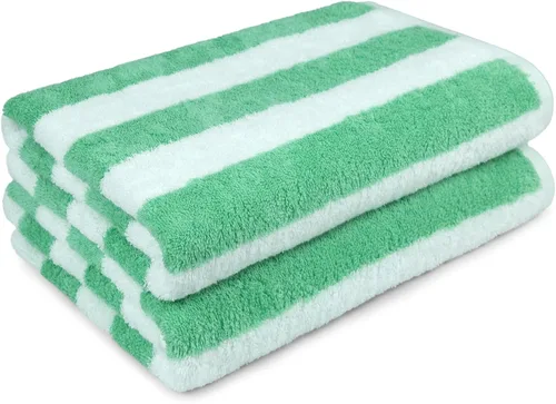 Vista 5 de Amazon Basics - Paquete de 2 toallas grandes de 100% algodón terry con diseño cabana a rayas, suaves y absorbentes, de secado rápido, para piscina