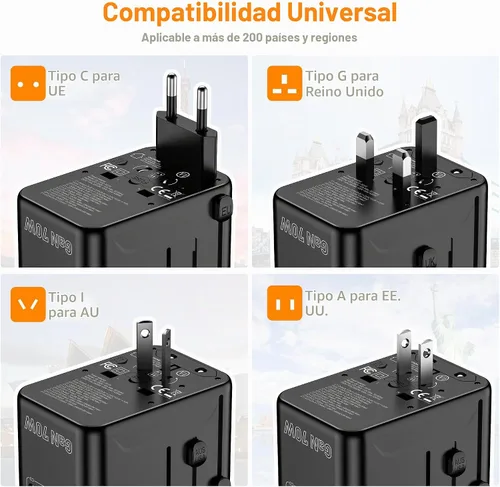 Vista 5 de VYLEE 70W GaN International Travel Adapter, Universal Travel Adapter Negro Gris