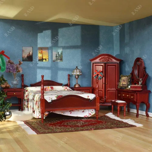 Vista 2 de iLAND Muebles de madera para casa de muñecas a escala 1/12, muebles de dormitorio de casa de muñecas en color caoba, incl casa de muñecas, cama